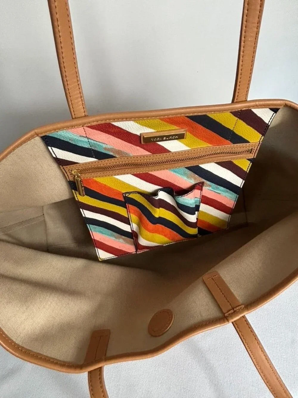 Tory Burch Kerrington Square Striped Large Tote in Diamond Combo